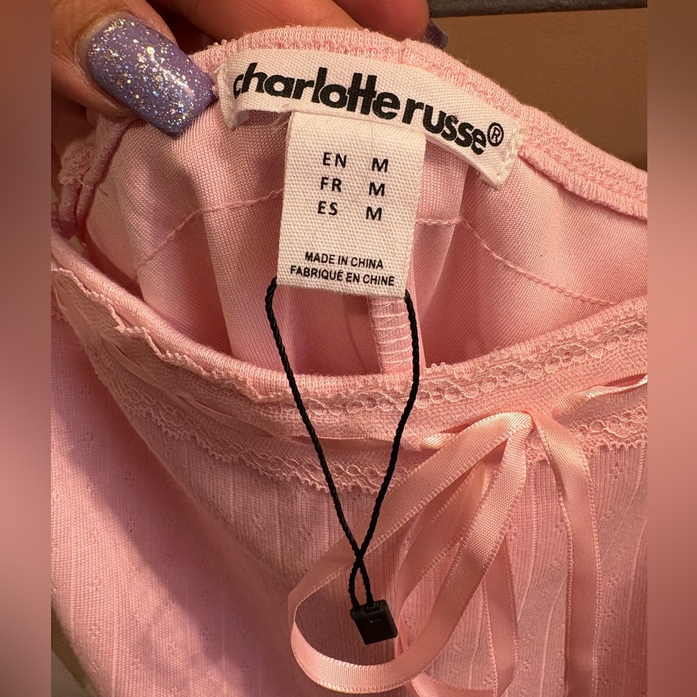 NWOT Charlotte Russe Pink Coquette Mini Dress Ribbon/Lace Trim Women’s Size M - Picture 6 of 11